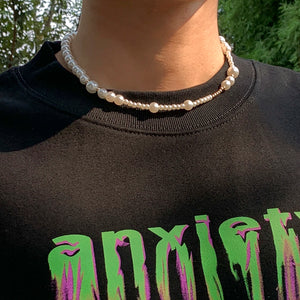 Punk Asymmetry Beaded Pearl Choker Necklace Women/Men