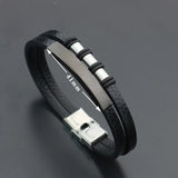 Men's Leather Bracelet with 3 Beads, Personalized Engraved Name and Date