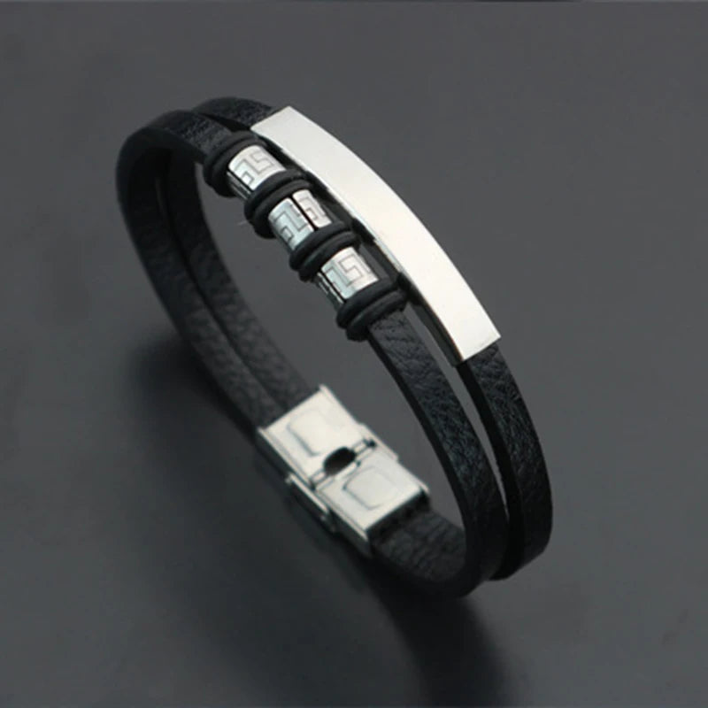 Men's Leather Bracelet with 3 Beads, Personalized Engraved Name and Date