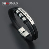 Men's Leather Bracelet with 3 Beads, Personalized Engraved Name and Date