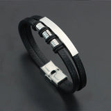Men's Leather Bracelet with 3 Beads, Personalized Engraved Name and Date