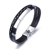 SHOUMAN Layer Leather Bracelet for Men Engrave Name Date Stainless Steel Bangle