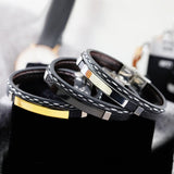 SHOUMAN Layer Leather Bracelet for Men Engrave Name Date Stainless Steel Bangle
