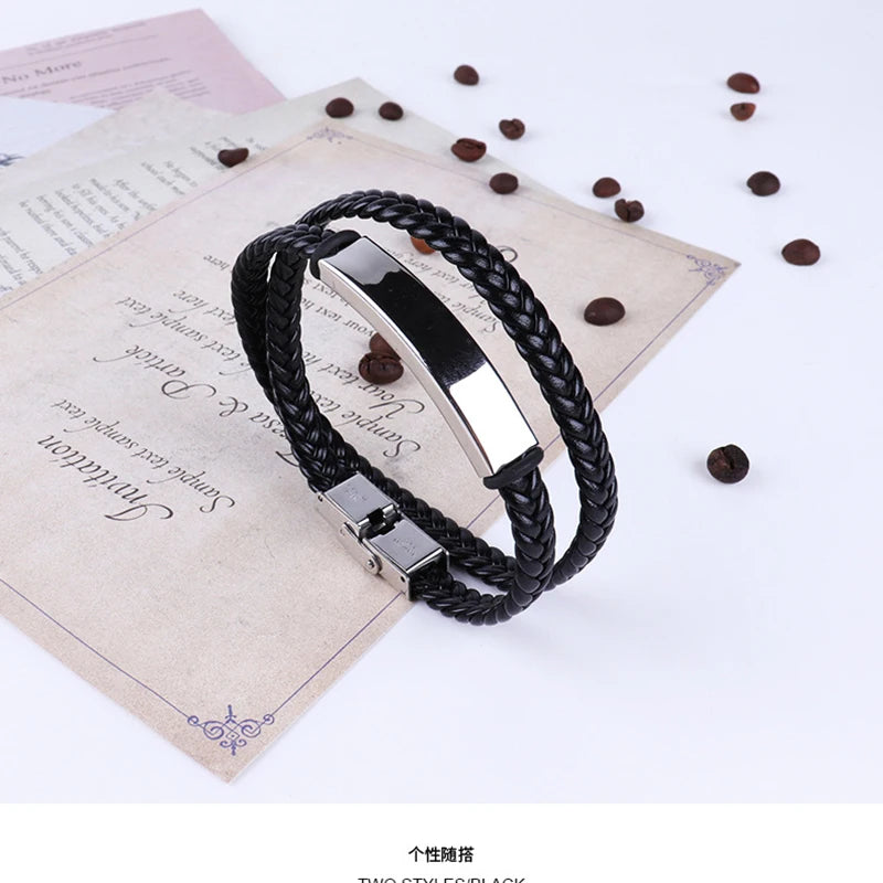 SHOUMAN Name Heart-shaped Stainless Steel Leather Men Bracelet