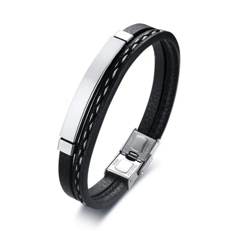 SHOUMAN Personalized Name Couple Leather Bracelet Stainless Steel