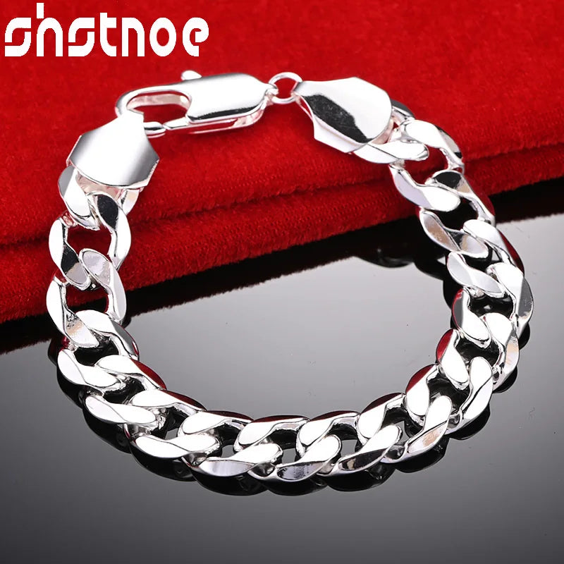 925 Silver 12mm Cuban Bracelet Wedding Accessory Party Gift Jewelry