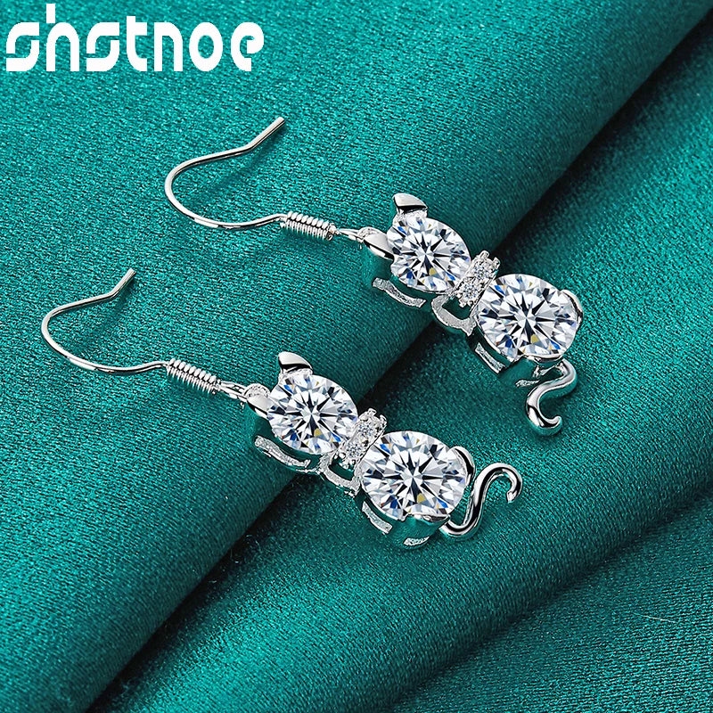925 Silver Cat Drop Earrings Zircon Women Party Wedding Gift Jewelry