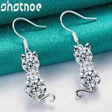 925 Silver Cat Drop Earrings Zircon Women Party Wedding Gift Jewelry