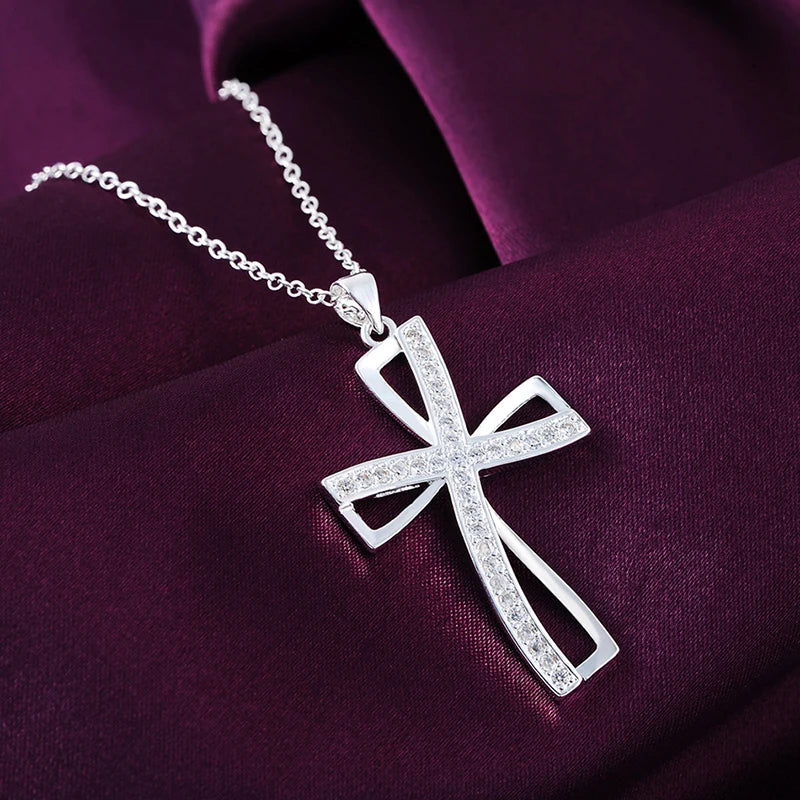 925 Silver Zircon Cross Pendant Necklace Wedding Charm Jewelry