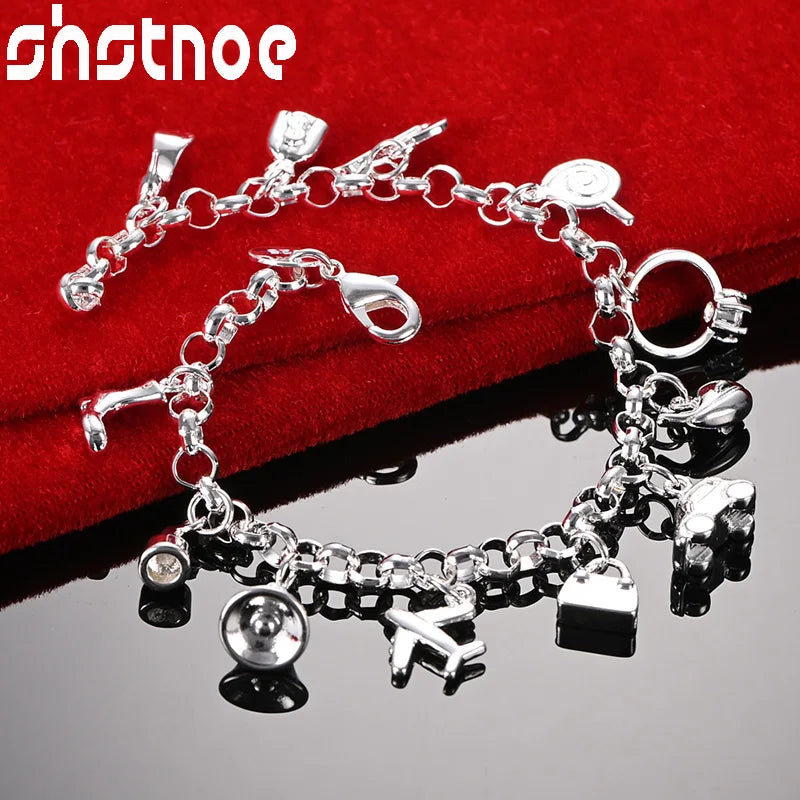 925 Silver Aircraft/cars/bells/lollipop Pendants Chain Bracelets
