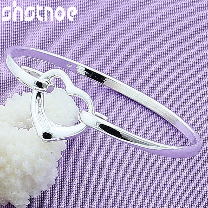 925 Silver Heart Charm Bangle Bracelet for Women