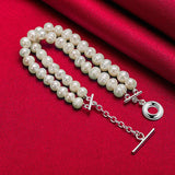 925 Silver Double Pearls Chain Bracelet Wedding Party Jewelry