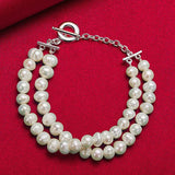 925 Silver Double Pearls Chain Bracelet Wedding Party Jewelry