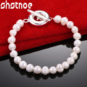 925 Silver Freshwater Pearl Chain Bracelet Wedding Party Birthday Charm