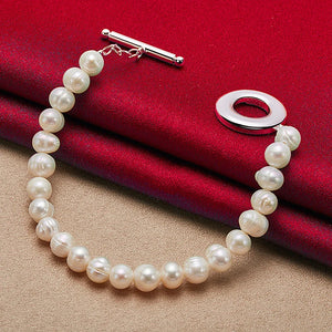 925 Silver Freshwater Pearl Chain Bracelet Wedding Party Birthday Charm