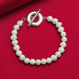 925 Silver Freshwater Pearl Chain Bracelet Wedding Party Birthday Charm
