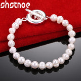 925 Silver Freshwater Pearl Chain Bracelet Wedding Party Birthday Charm