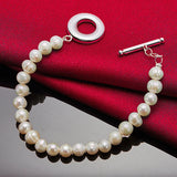 925 Silver Freshwater Pearl Chain Bracelet Wedding Party Birthday Charm