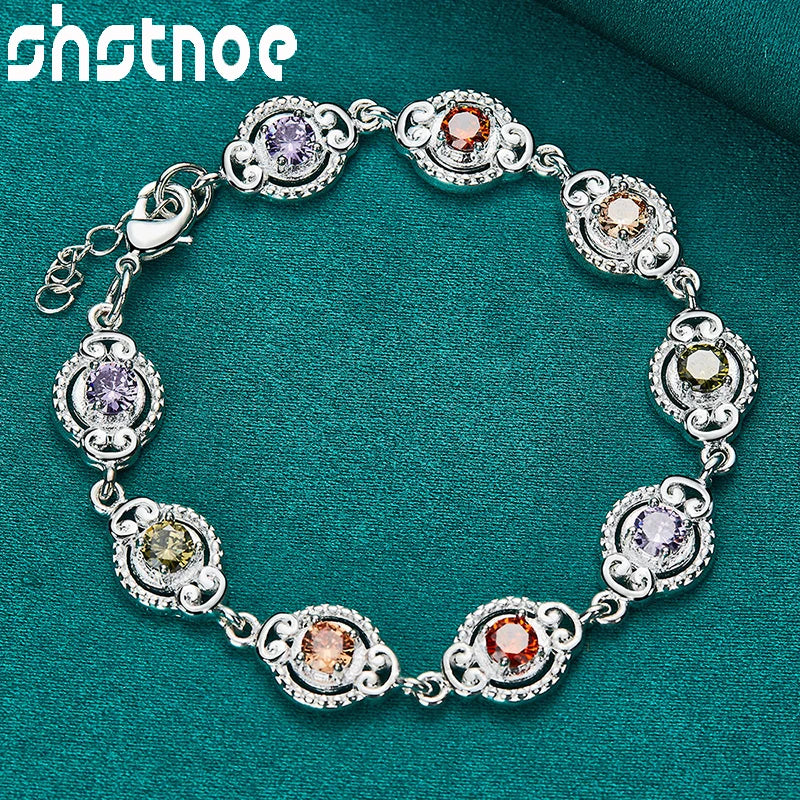 925 Silver Multicolor Zircon Charm Bracelet Lady Jewelry