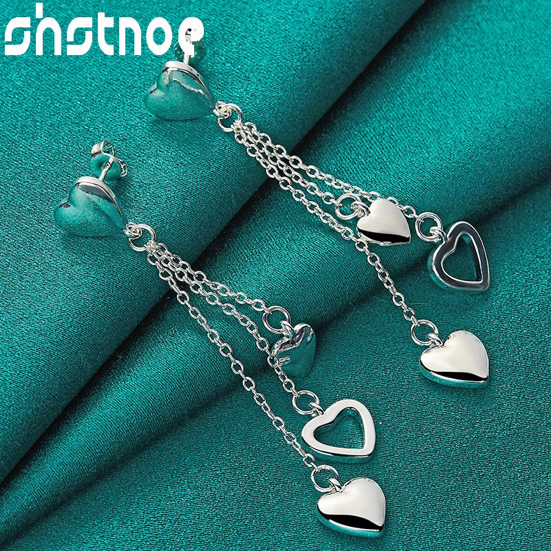 925 Silver Heart Drop Earrings Tassels for Women