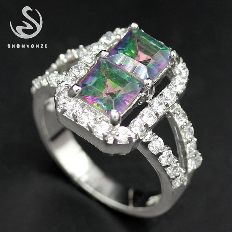Rainbow CZ Rhodium Plated Wedding Ring Size 6-9