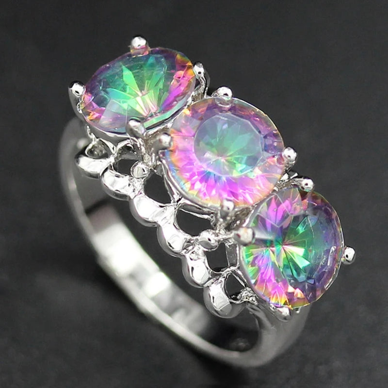 Rainbow CZ Rhodium Plated Wedding Ring Size 6-9