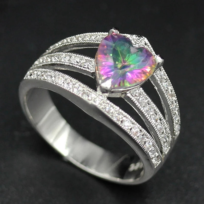 Rainbow CZ Engagement Wedding Ring Rhodium Plated R789 Size 6 8 9