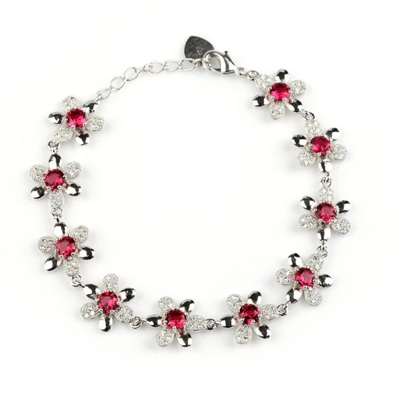 Vintage Red Cubic Zirconia Wedding Bracelet Rhodium Plated