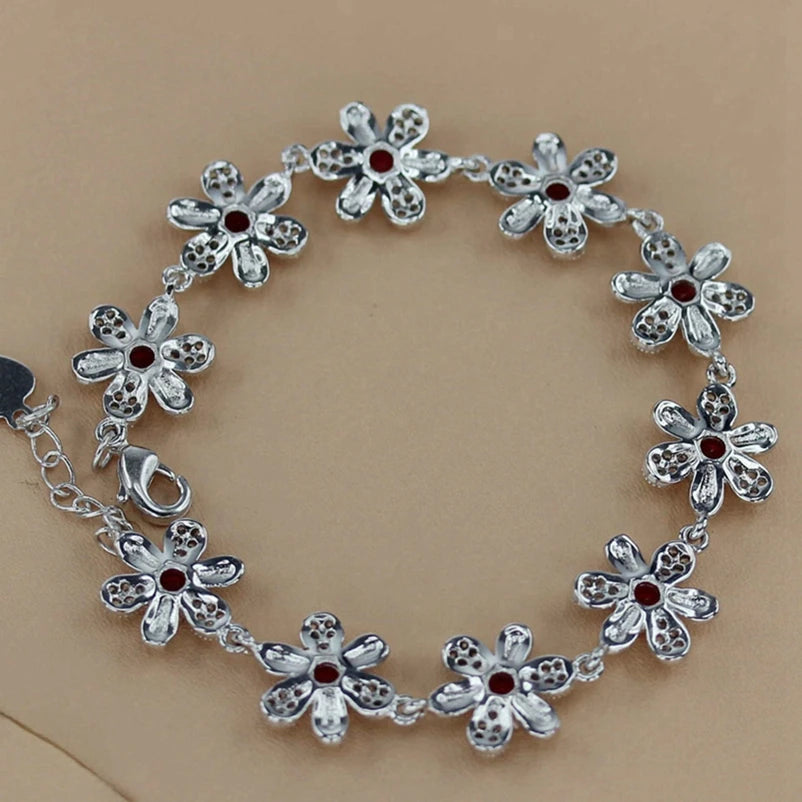 Vintage Red Cubic Zirconia Wedding Bracelet Rhodium Plated