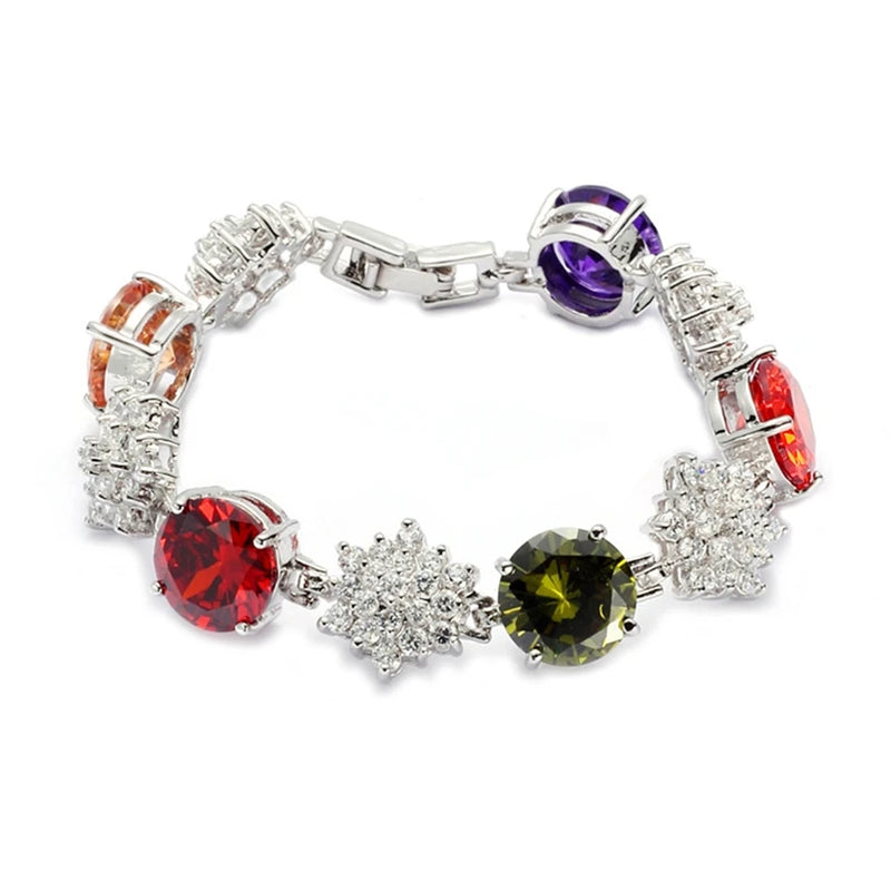 Women's Charm Bracelet Red Purple Morganite Peridot CZ Rhodium Plated