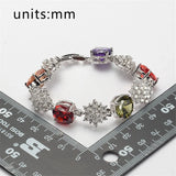 Women's Charm Bracelet Red Purple Morganite Peridot CZ Rhodium Plated