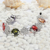 Women's Charm Bracelet Red Purple Morganite Peridot CZ Rhodium Plated