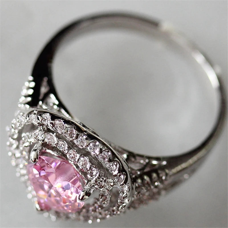 Vintage Pink CZ Rhodium Plated Ring R557 Size 6-9