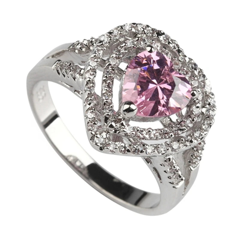 Vintage Pink CZ Rhodium Plated Ring R557 Size 6-9