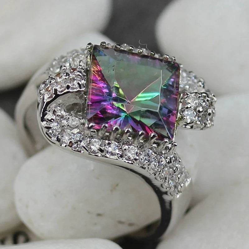 Rainbow CZ Engagement Ring Rhodium Plated Size 6-9