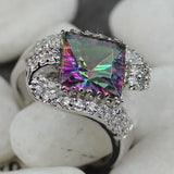 Rainbow CZ Engagement Ring Rhodium Plated Size 6-9