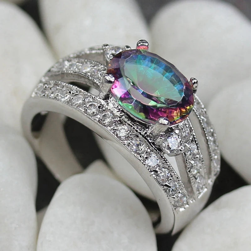 Rainbow CZ Rock Rhodium Plated Engagement Ring R774 Size 6-9
