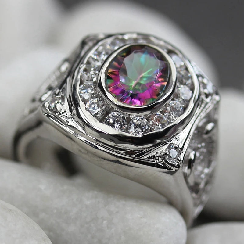Rainbow CZ Engagement Ring Rhodium Plated R778 Size 6 7 8 9