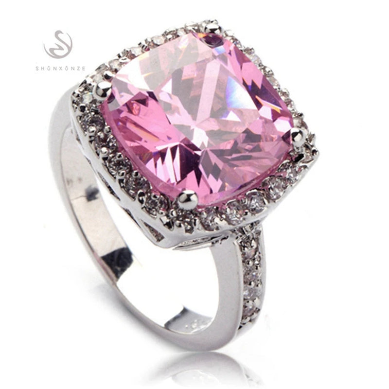 Pink Cubic Zirconia Rhodium Plated Engagement Wedding Ring for Women
