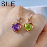 925 Sterling Silver Heart Pendant Necklace Women Amethyst Peridot Jewelry