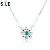925 Silver Flower Pendant Necklace Natural Emerald Female Jewelry