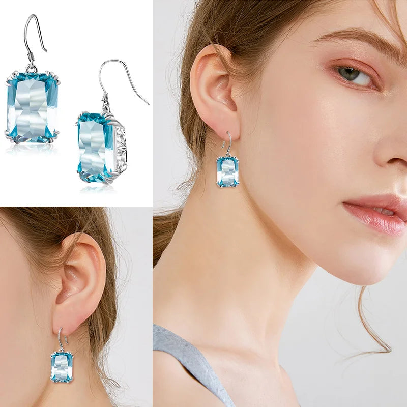 925 Silver Aquamarine Drop Earrings Vintage Flower Jewelry