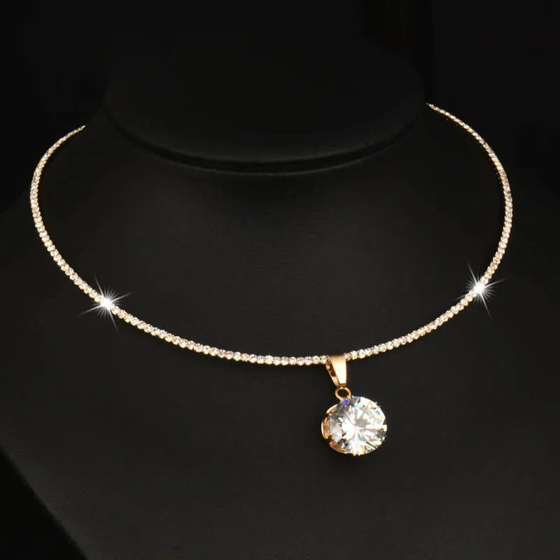Cubic Zircon Pendant Choker Collar Necklace Silver Torques Chain