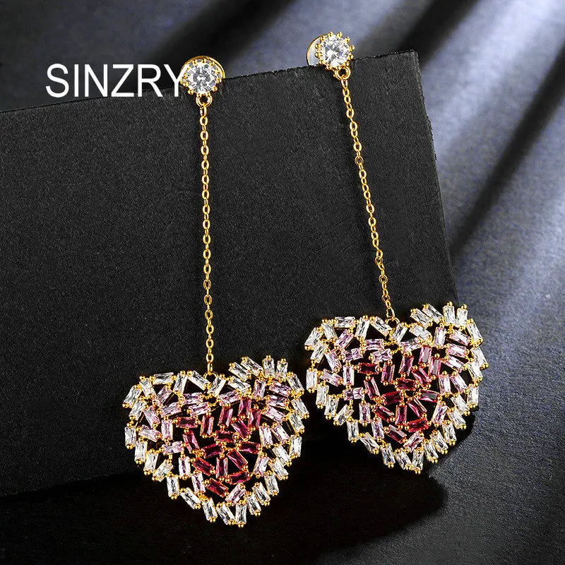 Pink Heart Dangle Earrings, Stylish Cubic Zirconia, Women