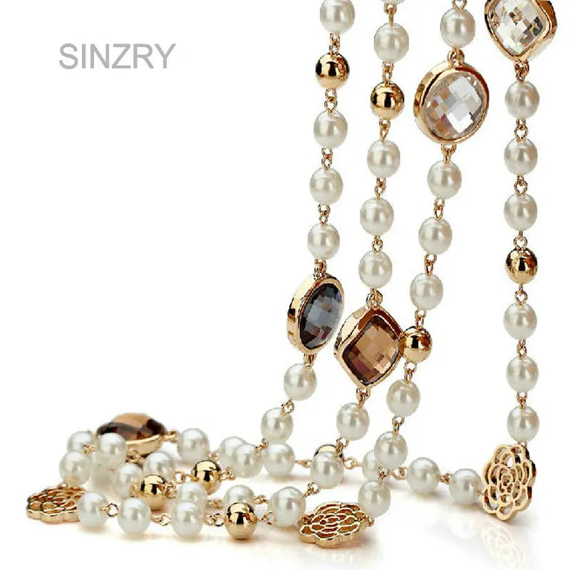 Cubic Zircon Rose Flower Simulated Pearl Long Necklace for Women