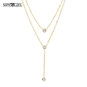 SIPENGJEL 316L Steel Double Chain Necklace Crystal Choker Wedding Jewelry