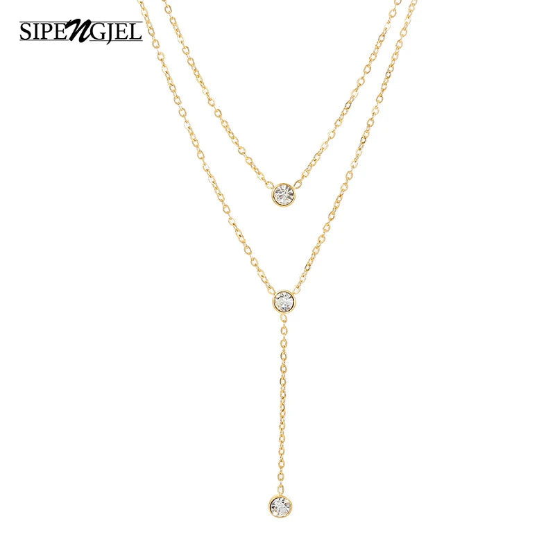 SIPENGJEL 316L Steel Double Chain Necklace Crystal Choker Wedding Jewelry