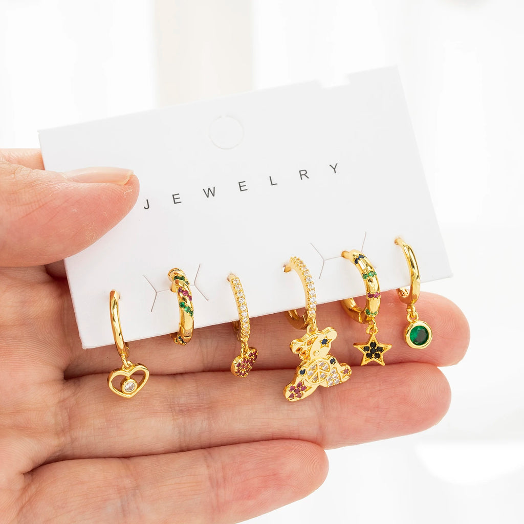 6 Pcs Colorful Cubic Zircon Heart Dangle Earrings Set