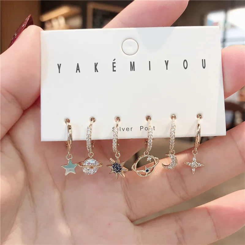 CZ Moon Star Hoop Earrings Set for Women