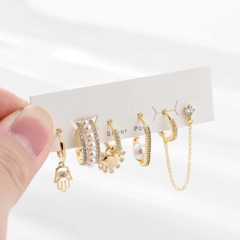 6 Pcs Freshwater Pearl Earrings Set Heart Hoop Women Party Jewelry